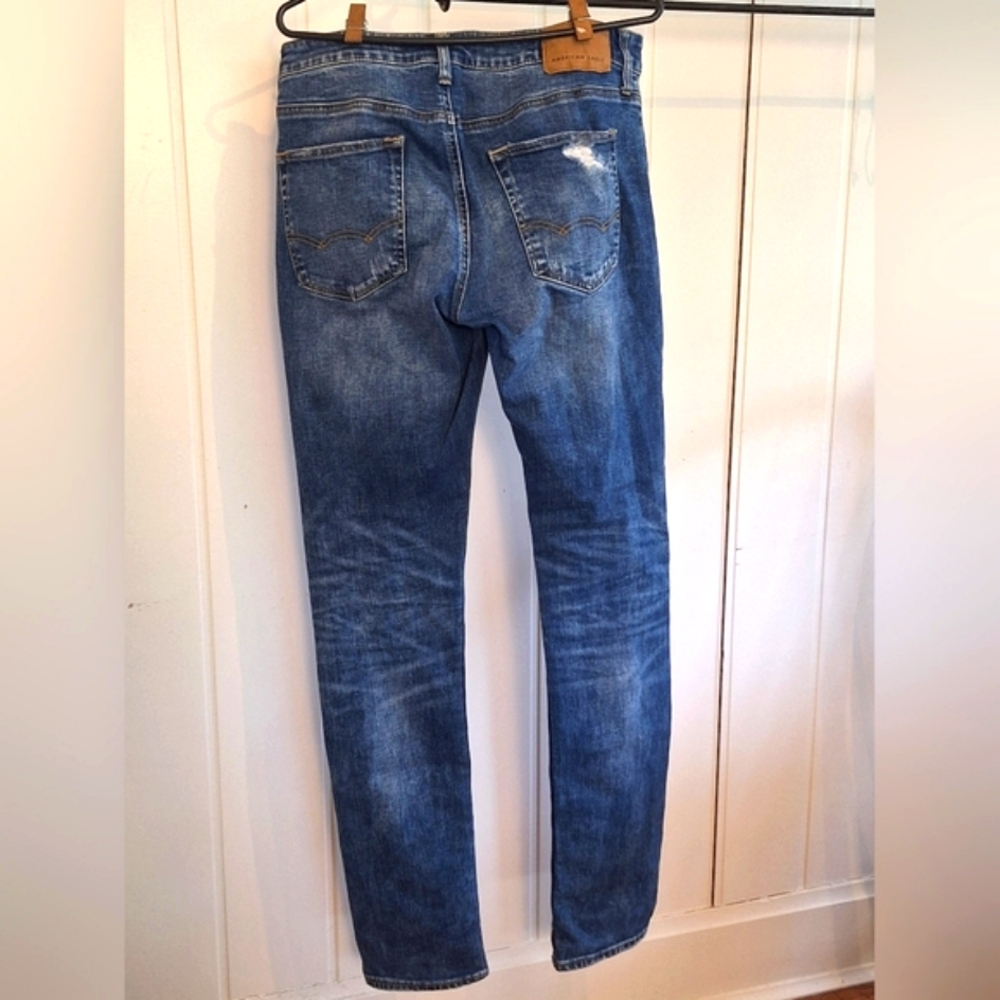 American Eagle Flex Blue Jeans Distress Thrash Grunge 32x36 Very Good Condition - Picture 2 of 4